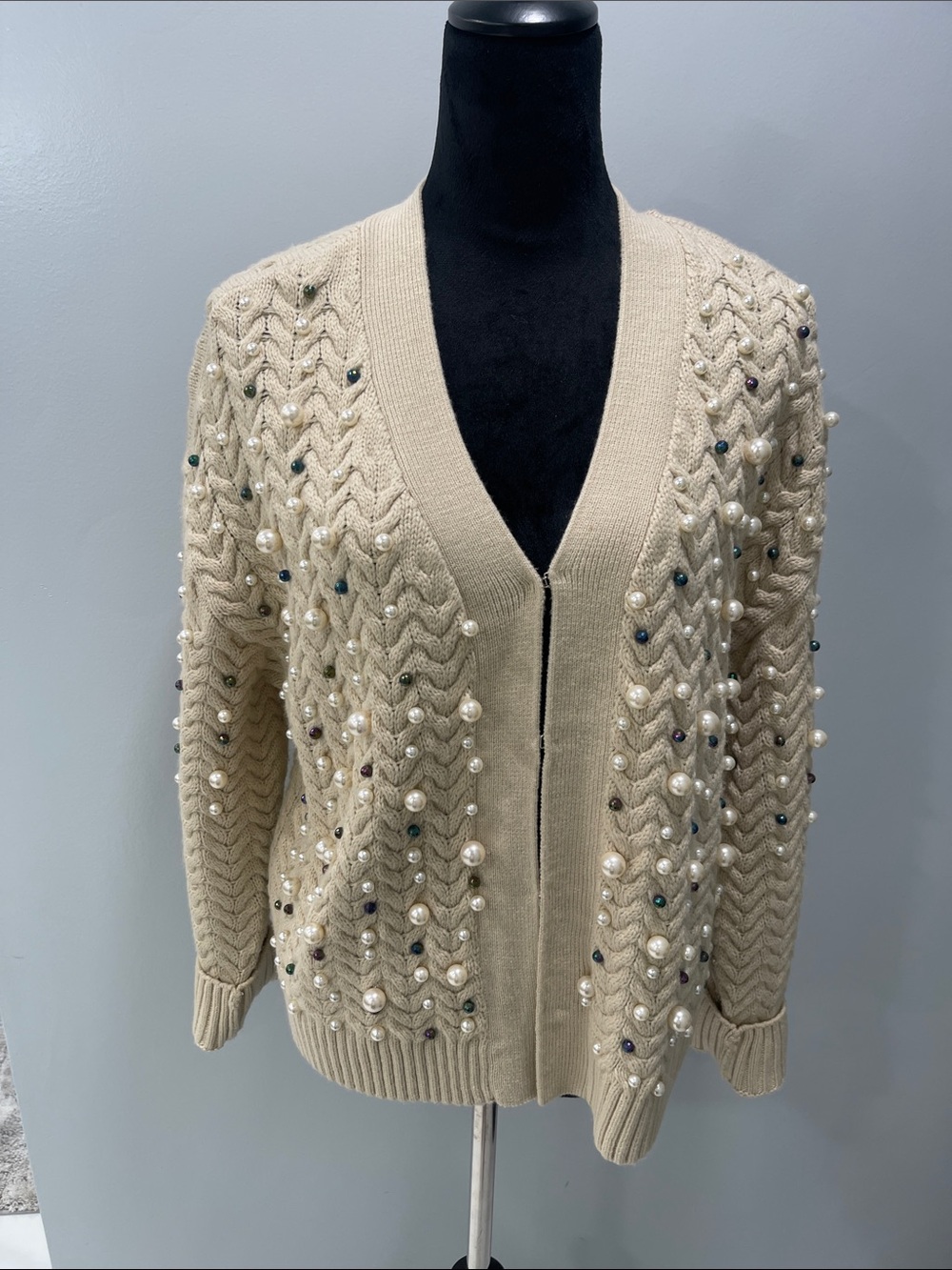 Boston Proper Cream Cable Knit Cardigan with Pearls and Beads